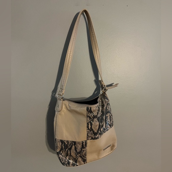 Stone & Co. Shoulder Purse genuine pebbled leather Tan & snakeskin Handbag - Picture 3 of 12